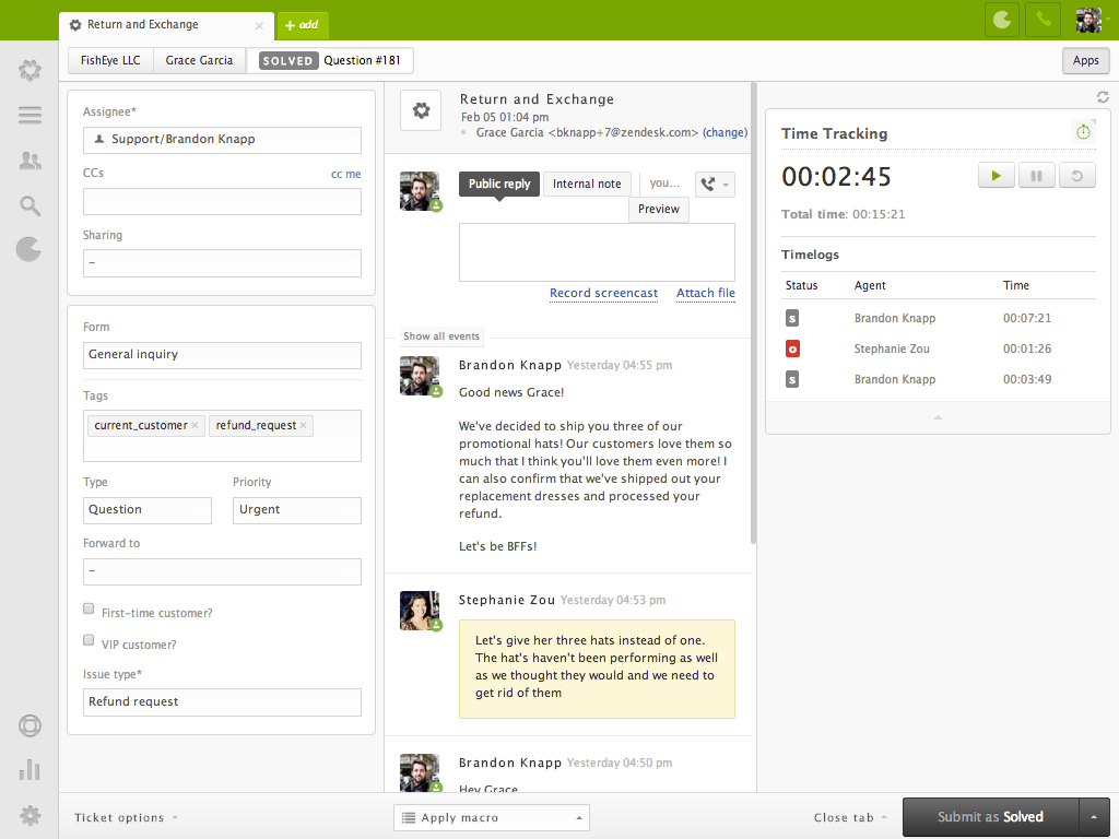 Time Tracking dashboard view — Agent Productivity app on the Zendesk Marketplace